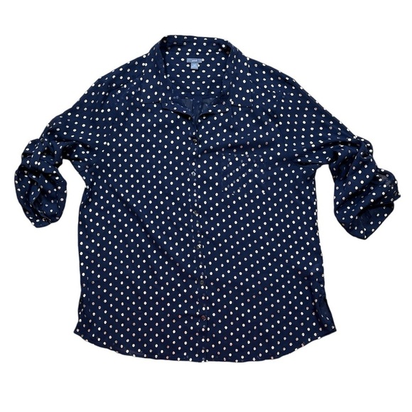 Aerie Navy & Gold Polka Dot Blouse Top Sheer Button Up Size XL EUC Collared - Picture 1 of 13